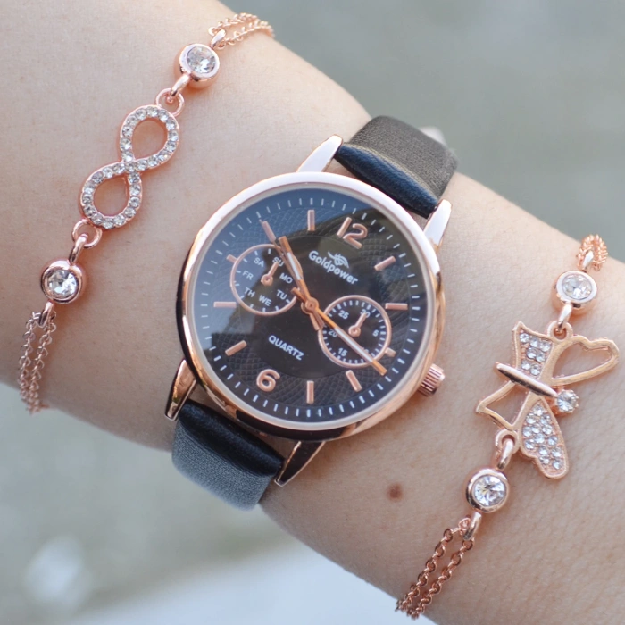 Siyah Deri Kordon Kadın Saat Kombini 2782