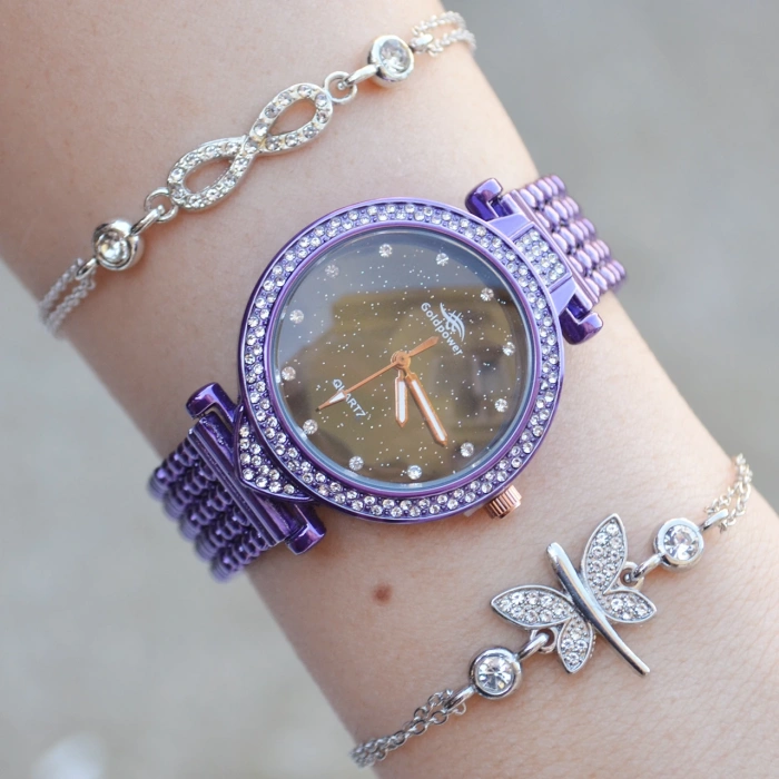 Mor Metal Kordon Kadın Saat Kombini 2790