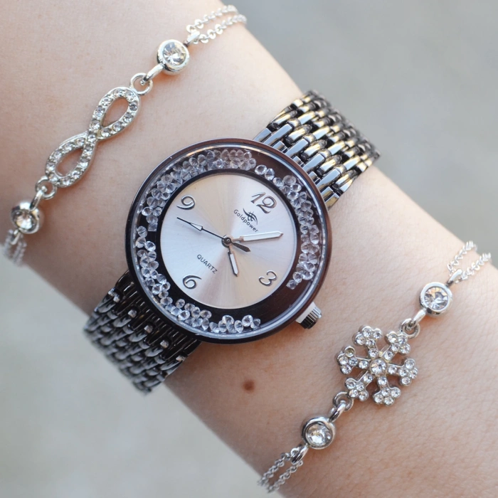 Siyah Metal Kordon Taşlı Kadın Saat Kombini 2792