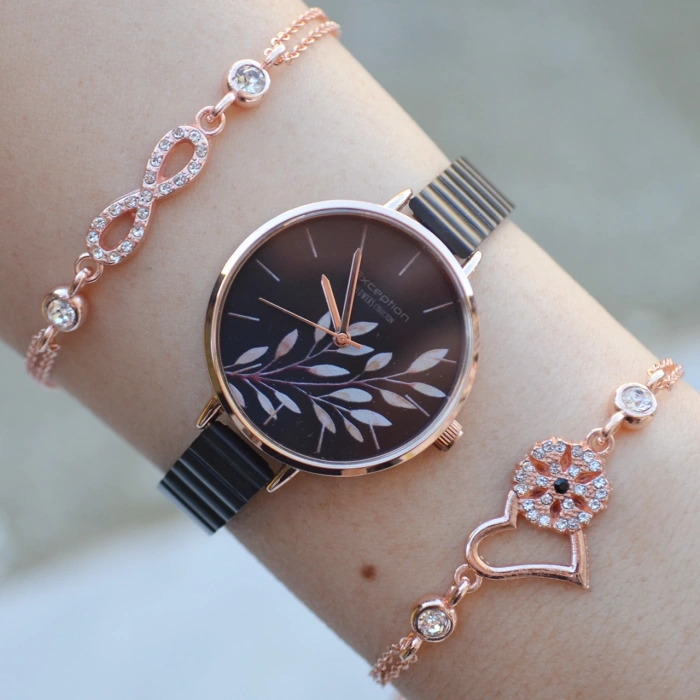 Siyah Metal Kordon Kadın Saat Kombini 2793