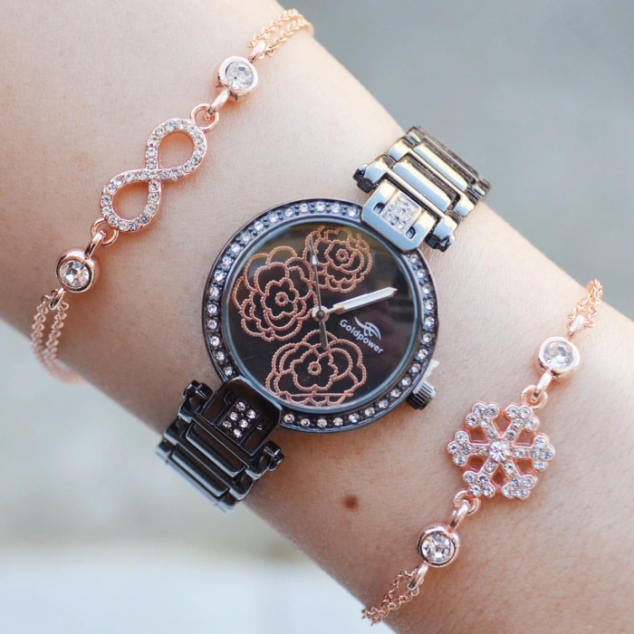 Siyah Metal Kordon Kadın Saat Kombini 2803