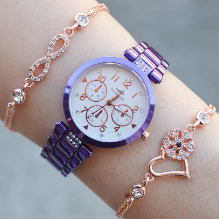 Mor Metal Kordon Kadın Saat Kombini 2806