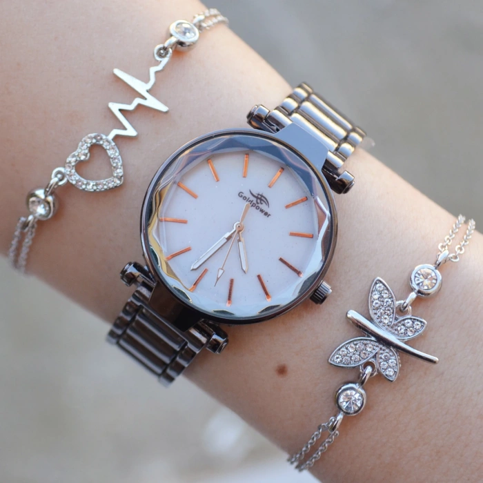 Siyah Metal Kordon Kadın Saat Kombini 2808