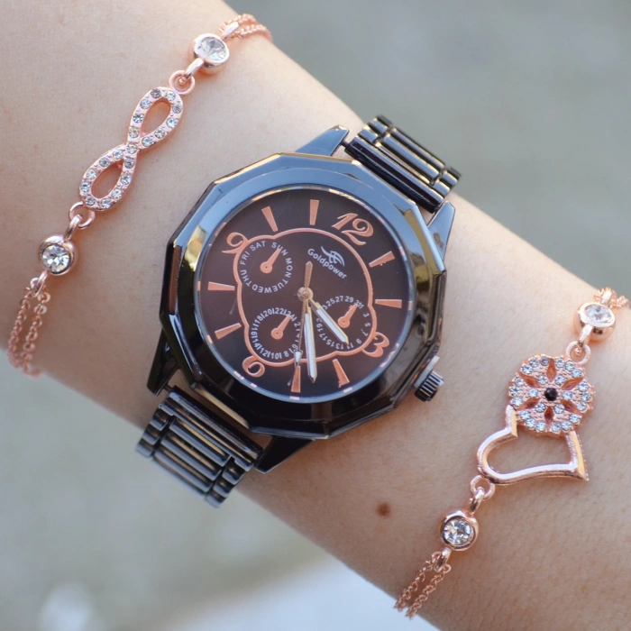 Siyah Metal Kordon Kadın Saat Kombini 2813