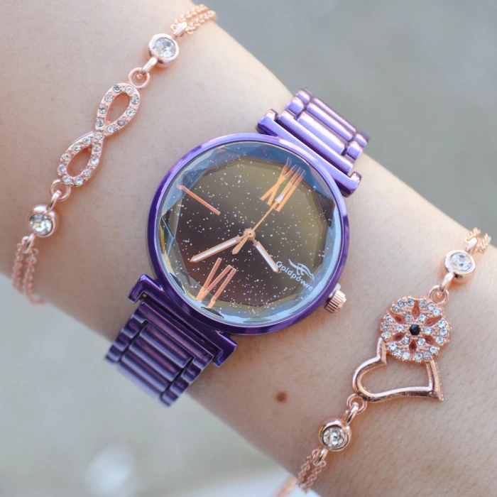 Mor Metal Kordon Kadın Saat Kombini 2830