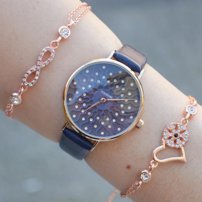 Mavi Deri Kordon Kadın Saat Kombini 2838