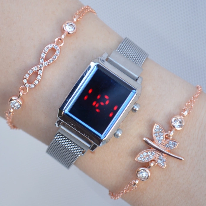 Silver Hasır Mıknatıslı Kordon Dijital Kadın Saat Kombini 2854