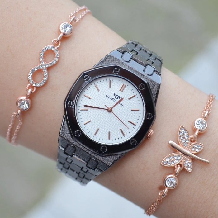 Siyah Metal Kordon Kadın Saat Kombini 2894