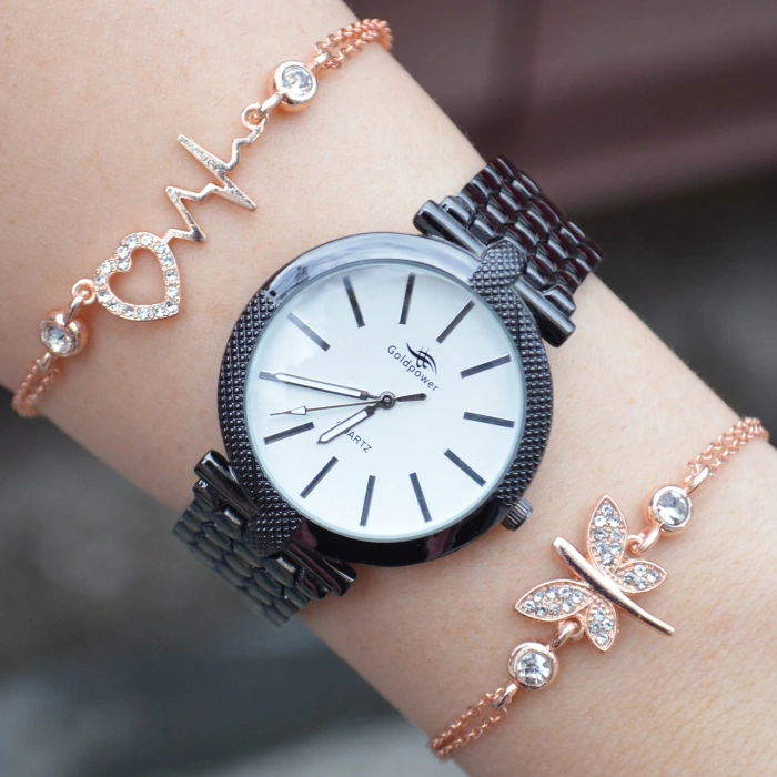 Siyah Metal Kordon Kadın Saat Kombini 2898