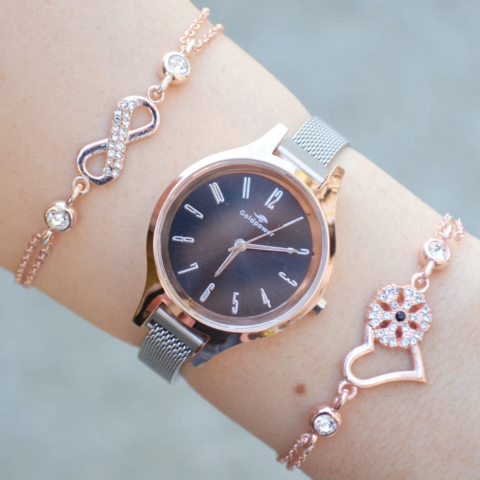 Silver Rose Mıknatıslı Hasır Kordon Kadın Saat Kombini 2901