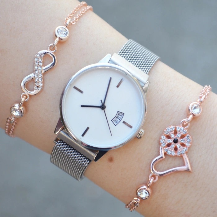 Silver Mıknatıslı Hasır Kordon Kadın Saat Kombini 2902