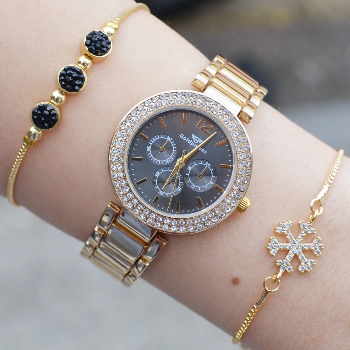 Gold Metal Kordon Kadın Saat Kombini 2934