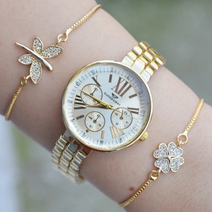 Gold Metal Kordon Kadın Saat Kombini 2935