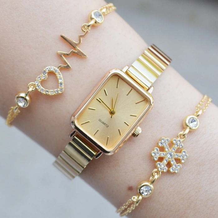Gold Metal Kordon Kadın Saat Kombini 2991