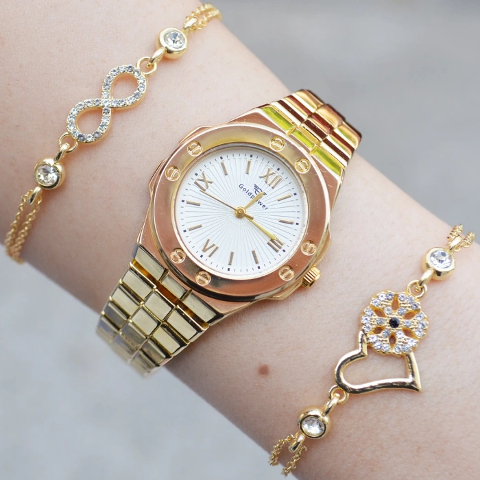 Gold Metal Kordon Kadın Saat Kombini 2995