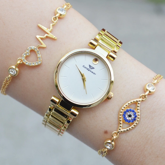 Gold Metal Kordon Kadın Saat Kombini 3004