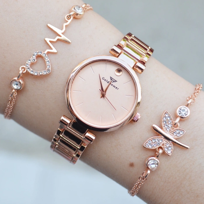Rosegold Metal Kordon Kadın Saat Kombini 3005