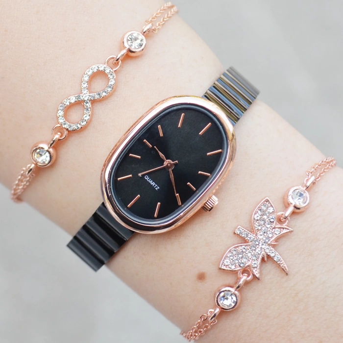 Siyah Metal Kordon Kadın Saat Kombini 3009