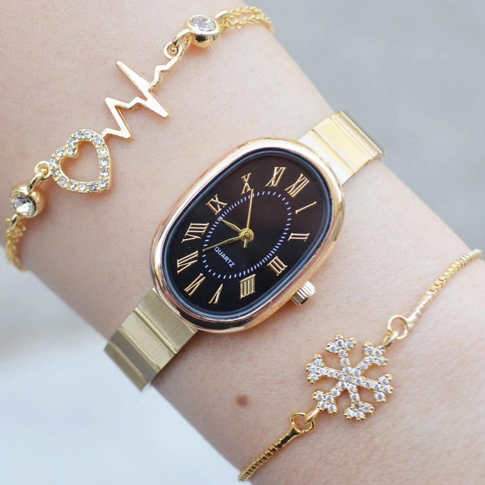 Gold Metal Kordon Kadın Saat Kombini 3011