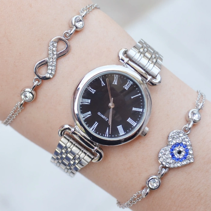 Silver Metal Kordon Kadın Saat Kombini 3022