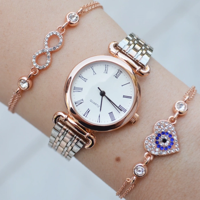 Silver Rose Metal Kordon Kadın Saat Kombini 3023