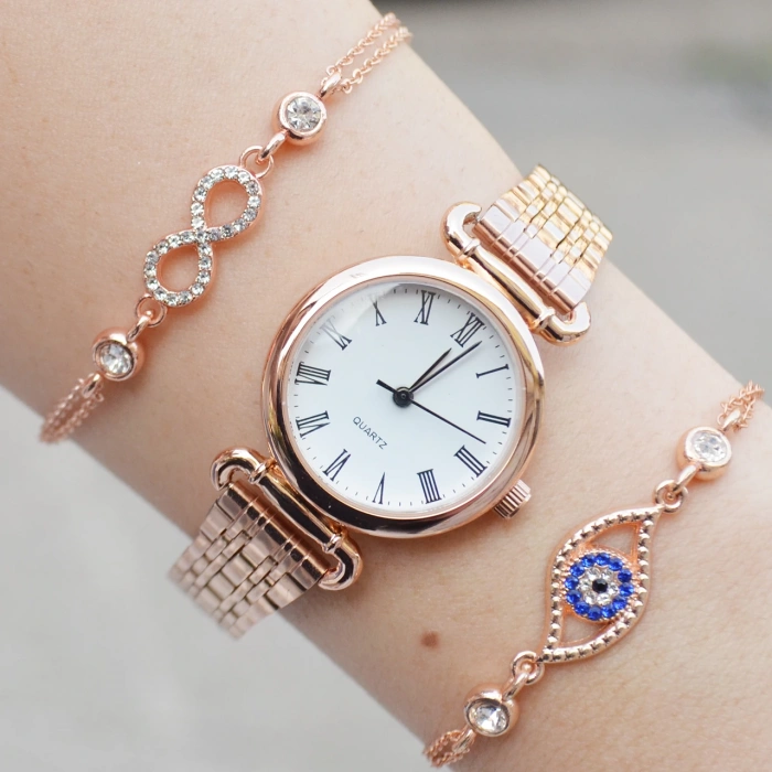 Rosegold Metal Kordon Kadın Saat Kombini 3025