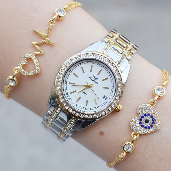 Silver Gold Metal Kordon Kadın Saat Kombini 3027