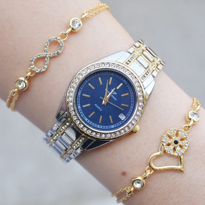 Silver Gold Metal Kordon Kadın Saat Kombini 3028