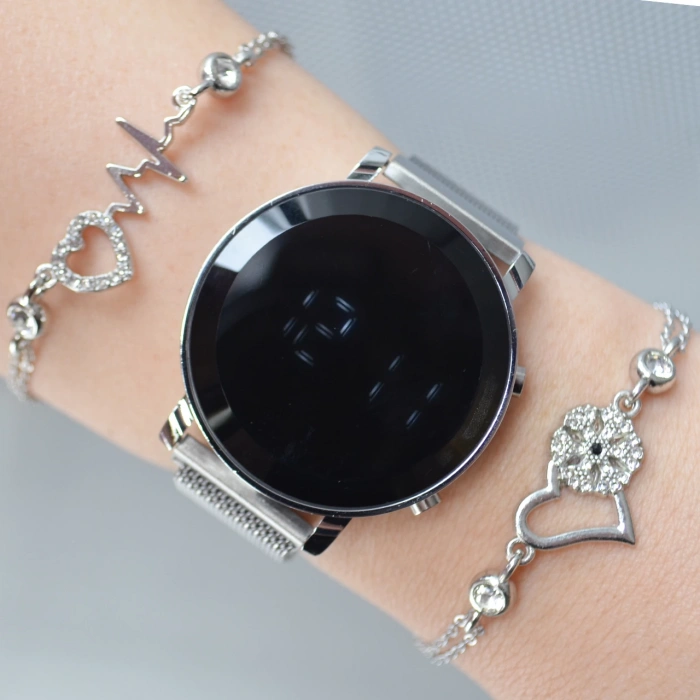 Silver Mıknatıslı Hasır Kordon Dijital Kadın Saat Kombini 3050