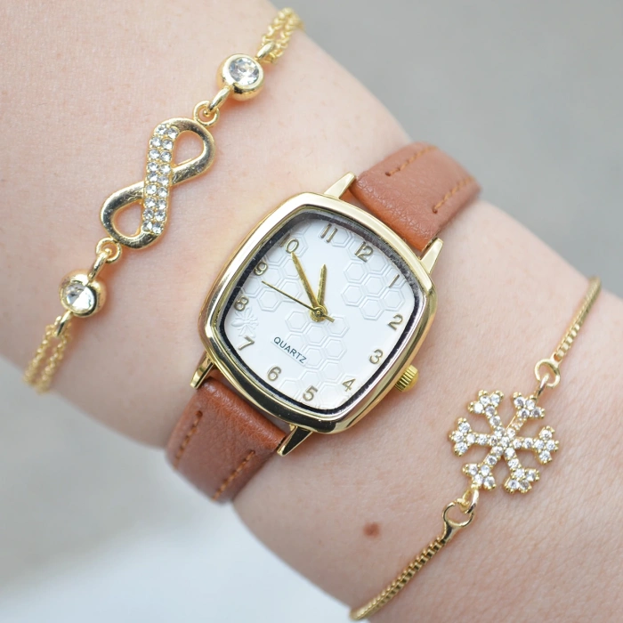 Taba Deri Kordon Minimal Kadın Saat Kombini 3066