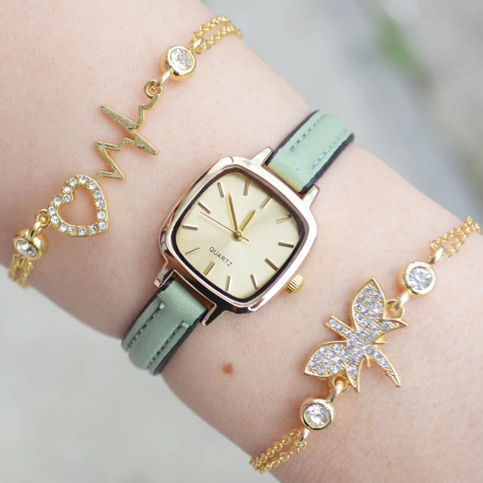 Mint Yeşili Deri Kordon Minimal Kadın Saat Kombini 3069