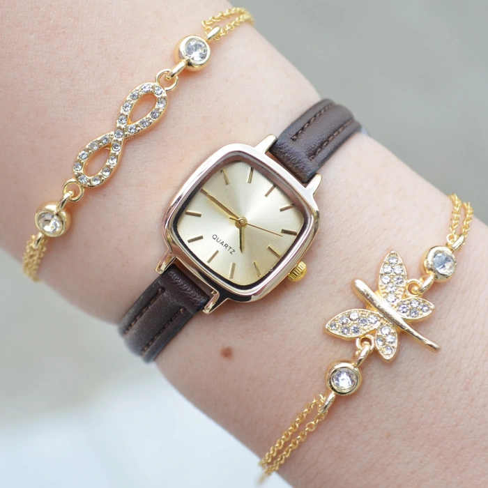 Koyu Kahve Deri Kordon Minimal Kadın Saat Kombini 3070