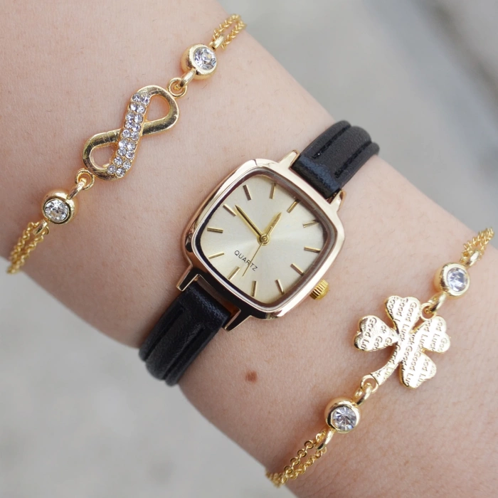 Siyah Deri Kordon Minimal Kadın Saat Kombini 3071