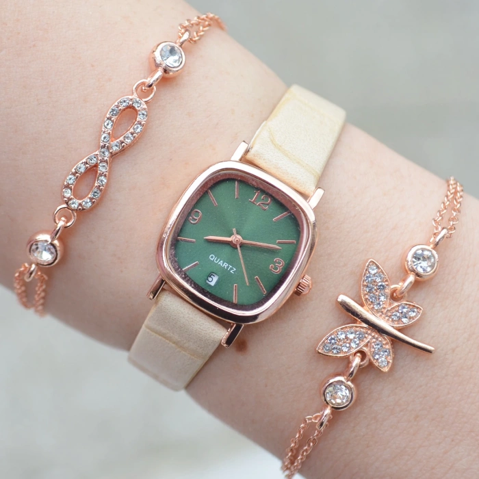 Krem Rengi Deri Kordon Minimal Kadın Saat Kombini 3073