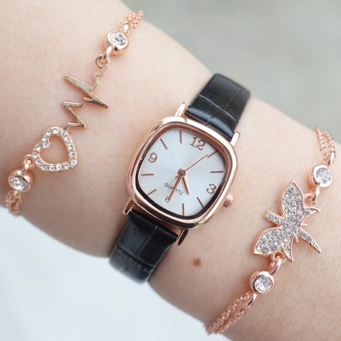 Siyah Deri Kordon Minimal Kadın Saat Kombini 3075