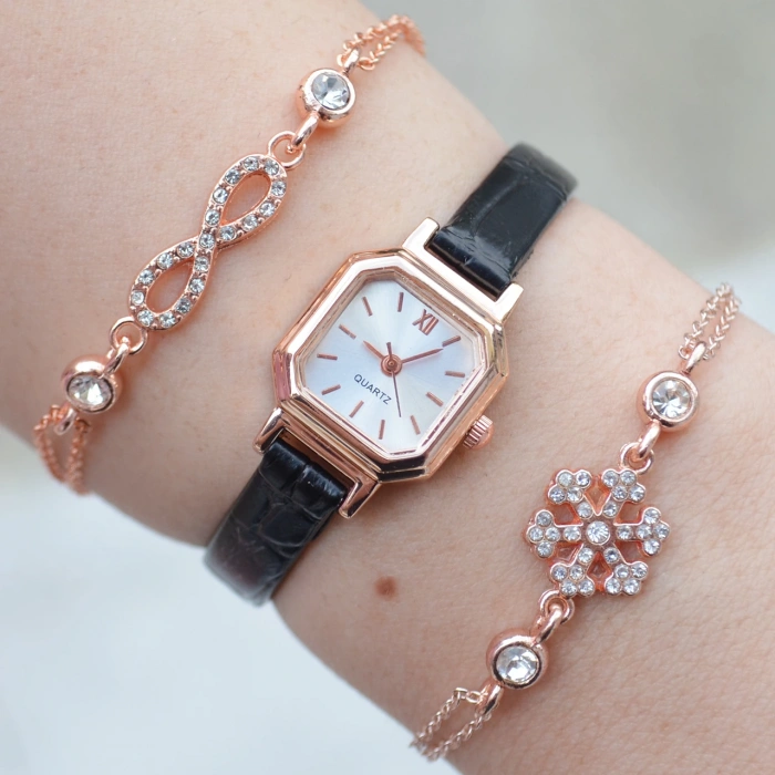 Siyah Deri Kordon Minimal Kadın Saat Kombini 3084