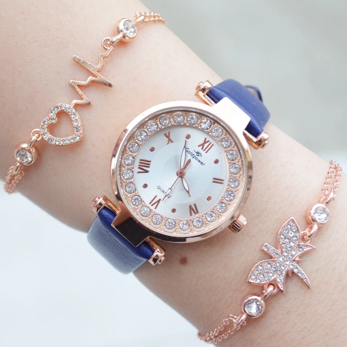 Koyu Mavi Deri Kordon Kadın Saat Kombini 3085