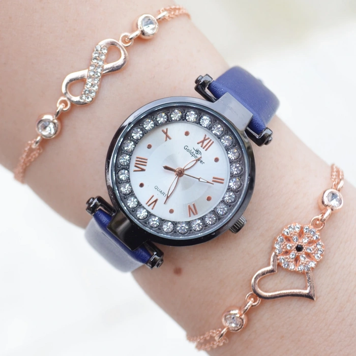 Koyu Mavi Deri Kordon Kadın Saat Kombini 3086