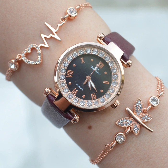 Koyu Kahve Deri Kordon Kadın Saat Kombini 3087