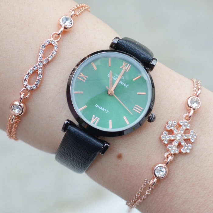 Siyah Deri Kordon Kadın Saat Kombini 3093