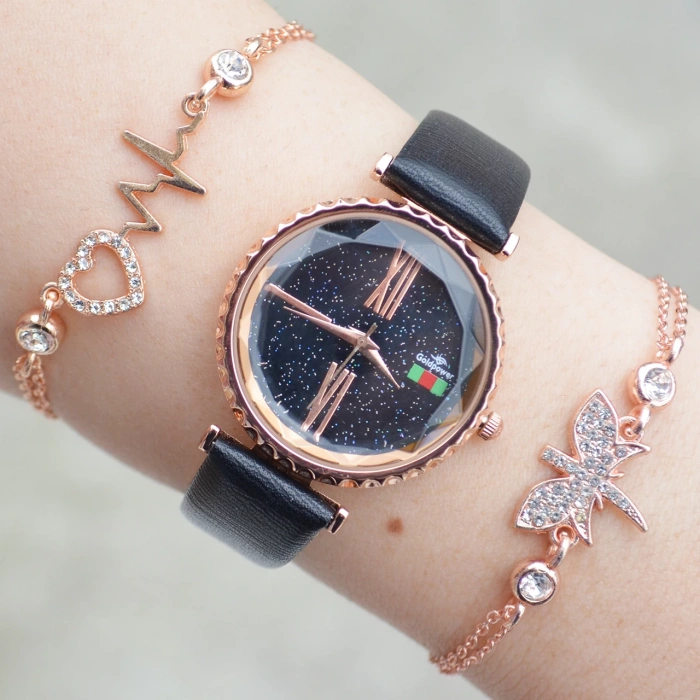 Siyah Deri Kordon Kadın Saat Kombini 3096