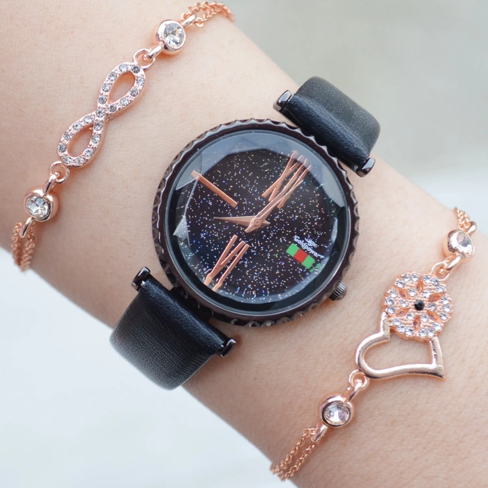 Siyah Deri Kordon Kadın Saat Kombini 3097