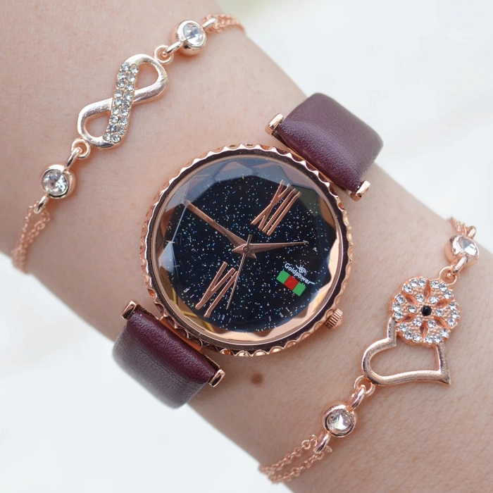 Bordo Deri Kordon Kadın Saat Kombini 3100