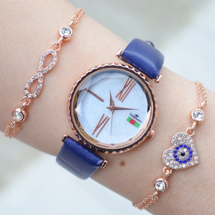 Koyu Mavi Deri Kordon Kadın Saat Kombini 3102