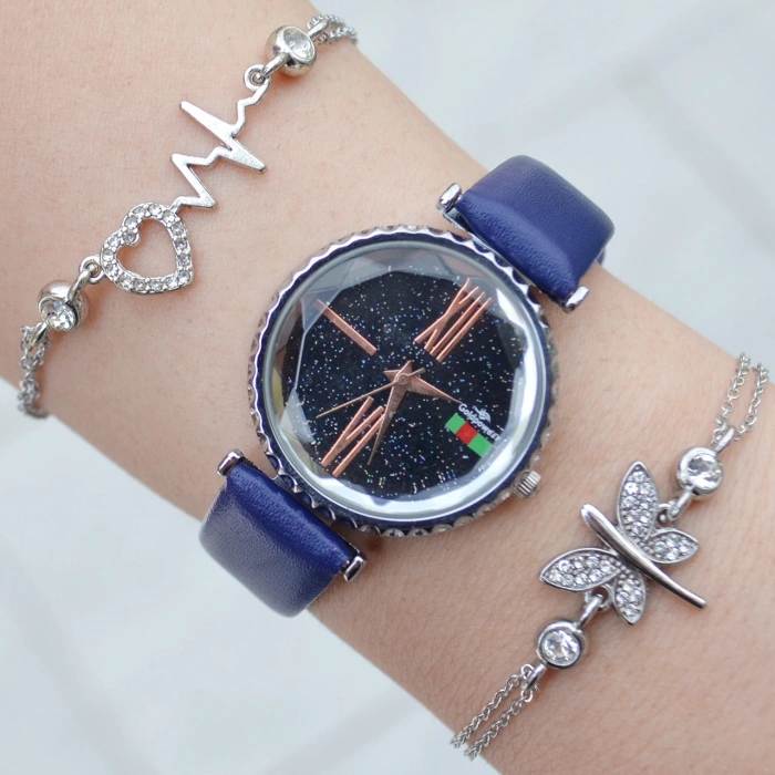 Koyu Mavi Deri Kordon Kadın Saat Kombini 3103