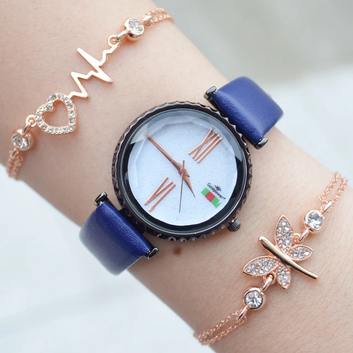 Koyu Mavi Deri Kordon Kadın Saat Kombini 3105