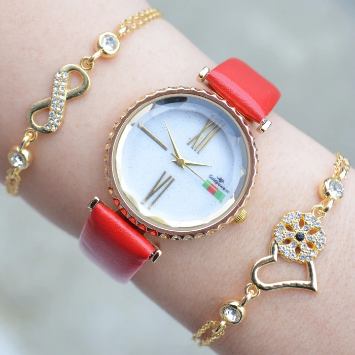 Kırmızı Deri Kordon Kadın Saat Kombini 3108