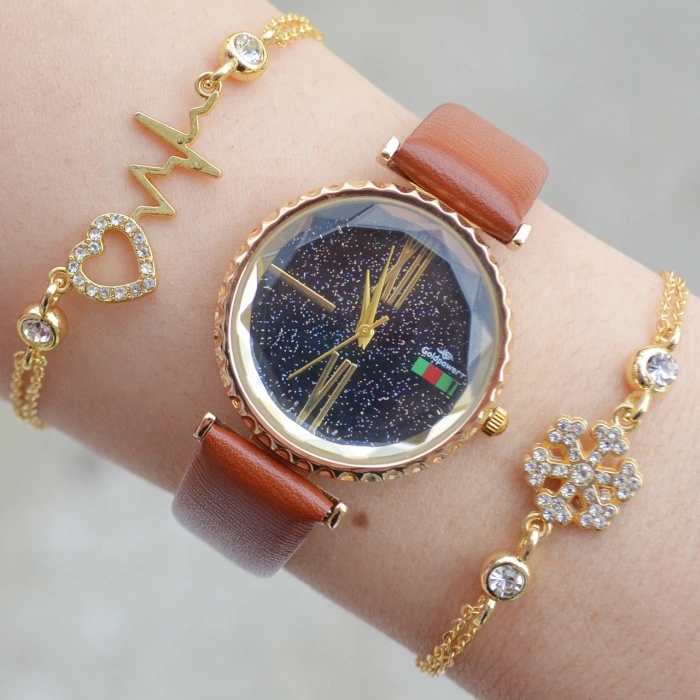 Taba Deri Kordon Kadın Saat Kombini 3111