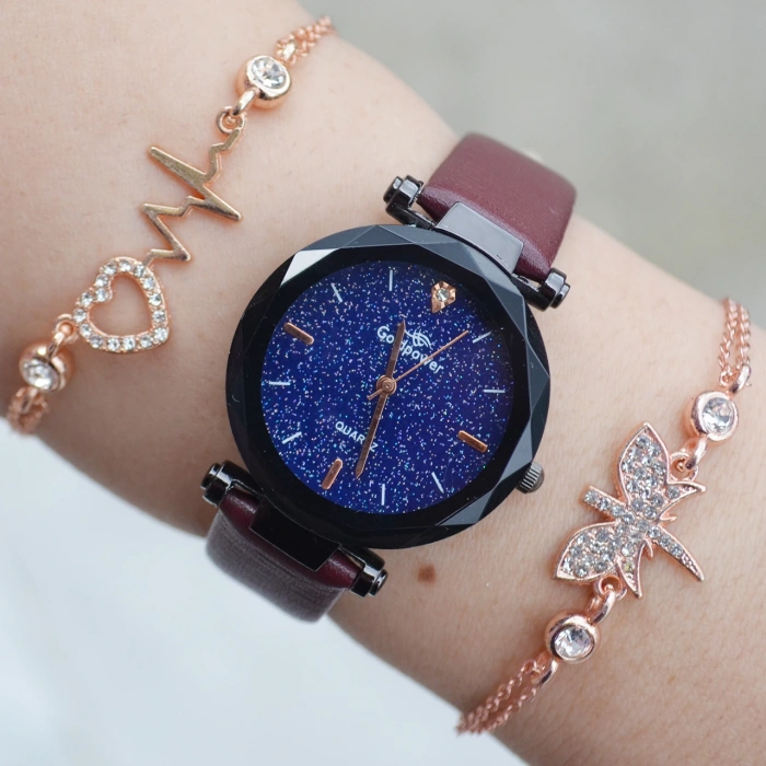 Bordo Deri Kordon Kadın Saat Kombini 3118