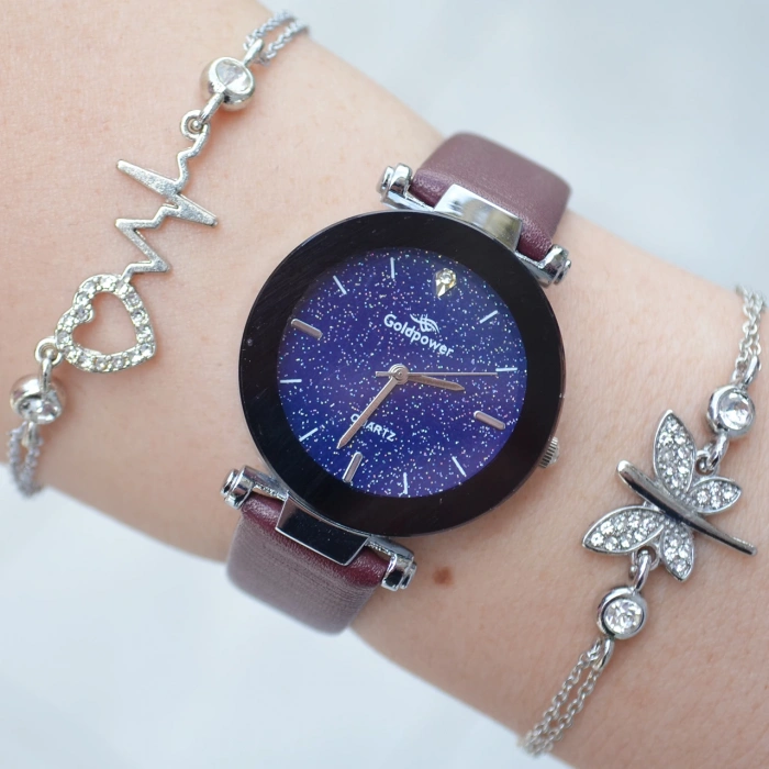 Bordo Deri Kordon Kadın Saat Kombini 3119